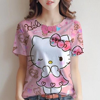 新款上衣 O 領 T 卹 Hello Kitty 圖形 T 卹寬鬆襯衫女士 T 卹女士上衣