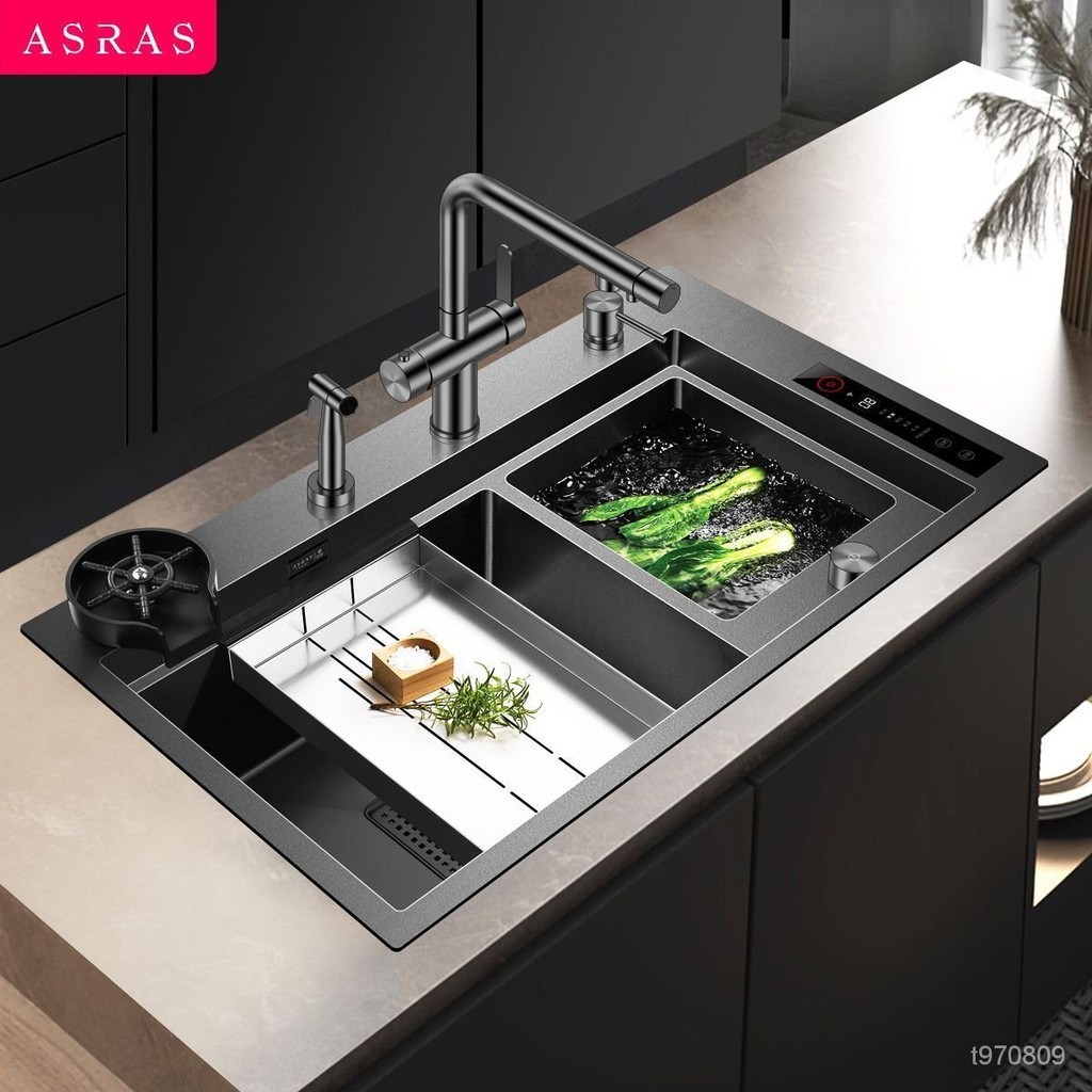阿薩斯304不銹鋼雙槽洗菜盆傢用一體凈化納米水槽手工黑色加厚