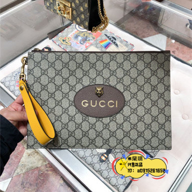 GUCCI 古馳手拿包473956 經典老花 GG虎頭 手拿包 烏木色 情侶款公文包二手