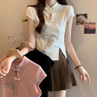 國風女裝2024新款新中式立領盤扣刺繡短袖t恤女短款別致絕美上衣 國潮 中國風上衣 復古上衣 大尺碼上衣 顯瘦 短袖T恤