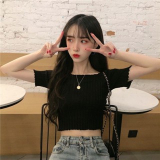 【Sweet Oversize】方領針織衫短袖T恤女2024夏季新款修身內搭一字肩打底衫韓版上衣
