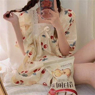 居家服 卡通睡衣 日系ins風睡衣女夏季可愛卡通櫻桃熊可外穿甜欲風家居服兩件套裝 櫻桃小丸子睡衣 個性居家服