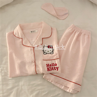 hellokitty睡衣女🎀 格子凱蒂貓睡衣女夏季新款短袖短褲ins風日系學生家居服套裝外穿 短袖睡衣套裝 居家服