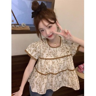娃娃裝上衣🎀 設計感小眾泡泡袖雪紡上衣夏季小清新蕾絲拼接碎花娃娃衫女士襯衫