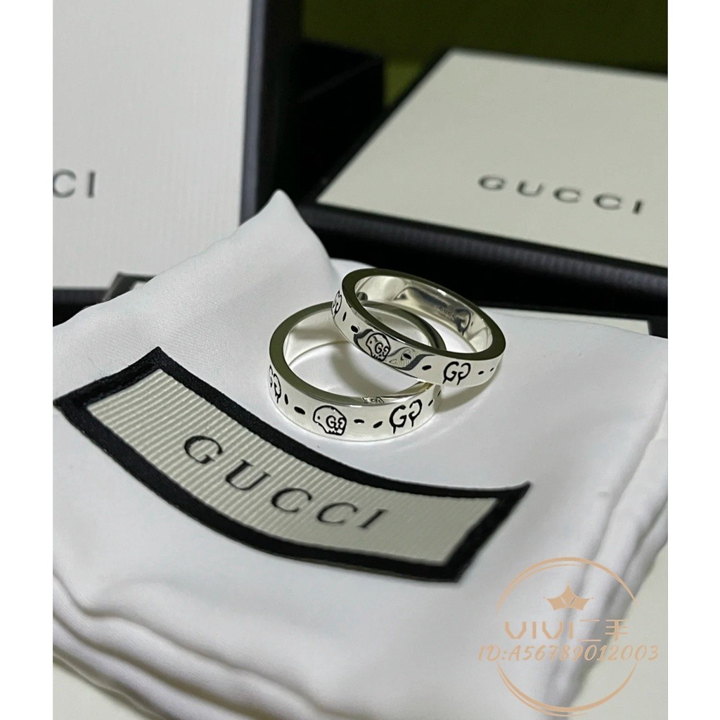 現貨二手 Gucci 古馳 純銀 Ghost系列 小精靈 情侶 戒指 窄版4mm 寬版6mm 477339