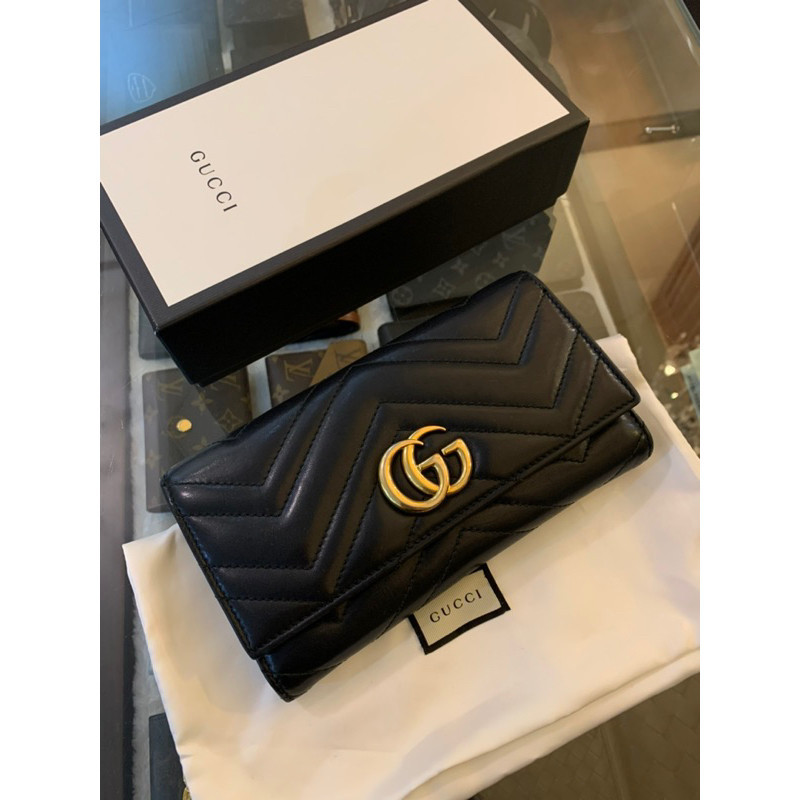 盈盈二手/精品Gucci marmont經典馬夢牛皮金屬雙G Logo 長夾‼️二手商品