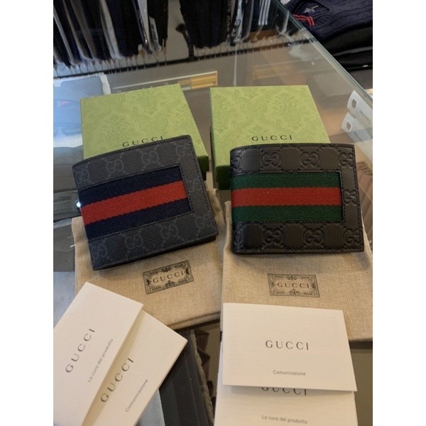 盈盈二手/精品Gucci 經典 藍紅壓花、綠紅壓紋 滿版Logo設計 黑灰色 黑色 男生 男款 皮夾 短夾