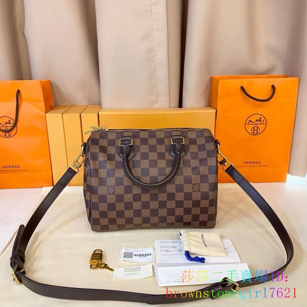 二手精品 LV 路易威登 SPEEDY 25 枕頭包 棋盤格 肩帶款 手提包 單肩包 斜挎包 N41368 女款 褐色