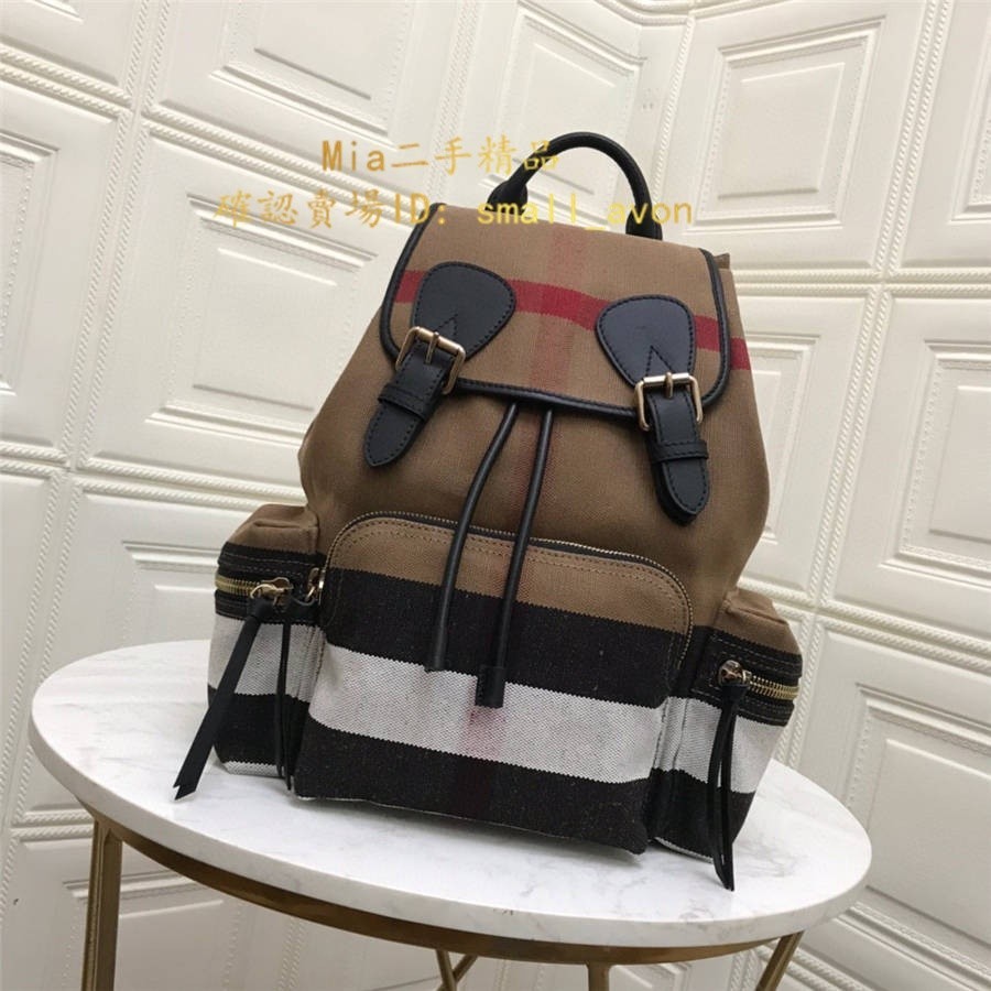 二手實拍Burberry The Rucksack中號Canvas格紋拼皮革軍旅背包 40302011 雙肩後背包 書包