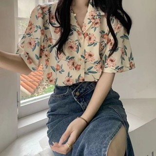 【carmar】碎花短袖雪紡襯衫女裝夏季新款設計感小眾韓系chic別致上衣服