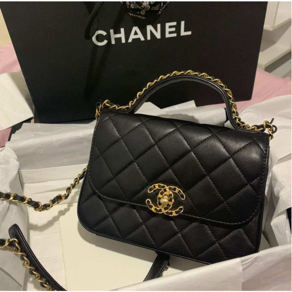 二手精品 CHANEL 19 handle bag 郵差包 小號 19郵差鏈條包 口蓋包 黑金 手提包