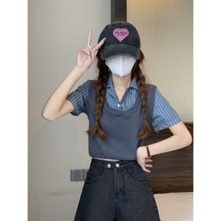 【Carmar】韓版學院風豎條紋拼接假兩件針織衫女夏季2024新款短款修身上衣潮