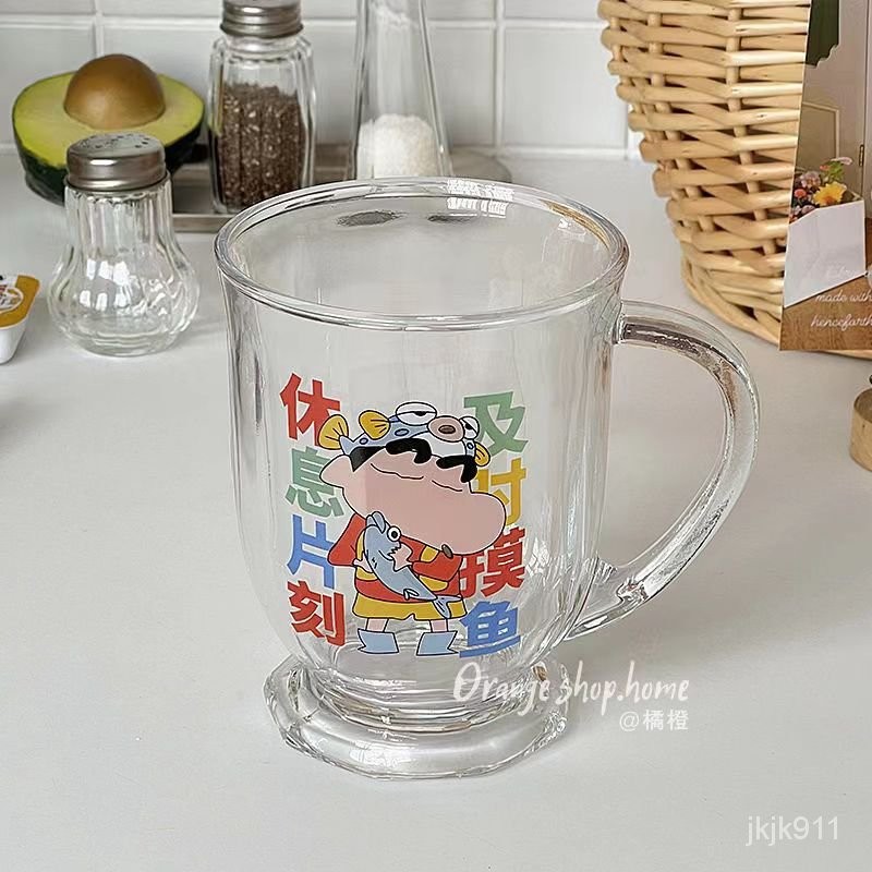 卡通創意上班摸魚小新果汁杯傢用喝水玻璃杯咖啡早餐牛奶杯