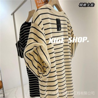 【韓潮大尺碼】超肥150公斤條紋T恤女胖mm100公斤大尺碼韓版寬鬆圓領短袖上衣bf夏裝潮大尺碼女裝