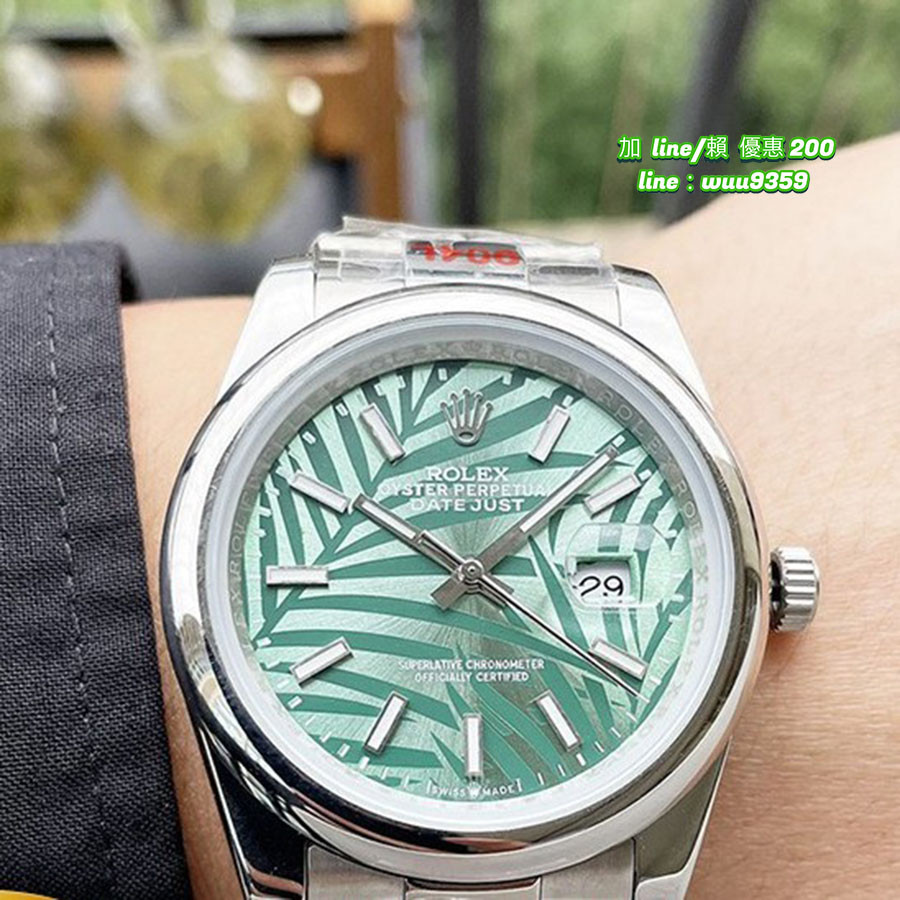 勞力士 Rolex蠔式恒動日誌型36mm腕錶 夜光 勞力士手錶 腕錶 防刮藍寶石玻璃鏡面橄欖綠色棕櫚葉圖案錶盤勞力士手錶