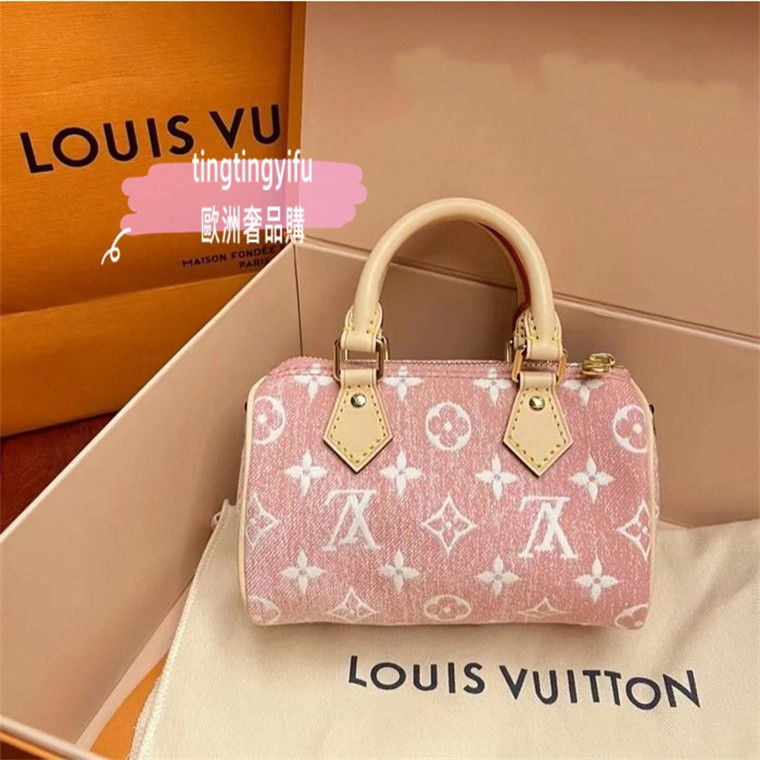 LV路易威登 M81213 NANO SPEEDY 手袋 粉色 提花丹寧布 手提單肩斜挎包 女款收提