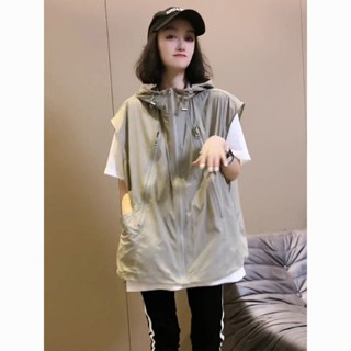 🌞夏季熱銷🌞 馬甲 馬甲外套 歐貨新款早秋馬甲女薄款寬松休閑拉鏈無袖連帽顯瘦馬夾上衣潮