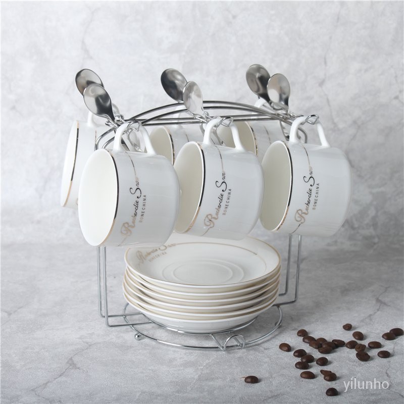 🔥客製/熱賣🔥歐式陶瓷杯水杯咖啡杯套裝創意傢用簡約骨瓷花茶杯送碟勺架子 LN0Q