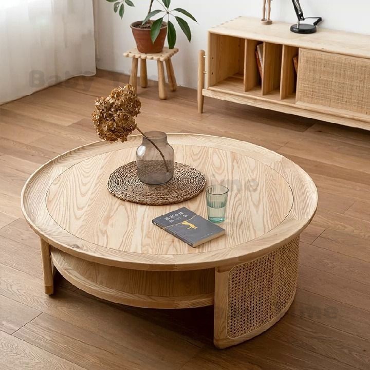 日式實木圓茶幾現代簡約藤編茶桌傢用客廳白蠟木圓桌藝術設計矮桌