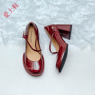 實拍免運 瑪麗珍鞋 女鞋 跟鞋 樂福鞋 皮鞋 粗跟厚底單鞋 春季新款酒紅色漆皮圓頭粗跟瑪麗珍鞋淺口高跟甜美單鞋