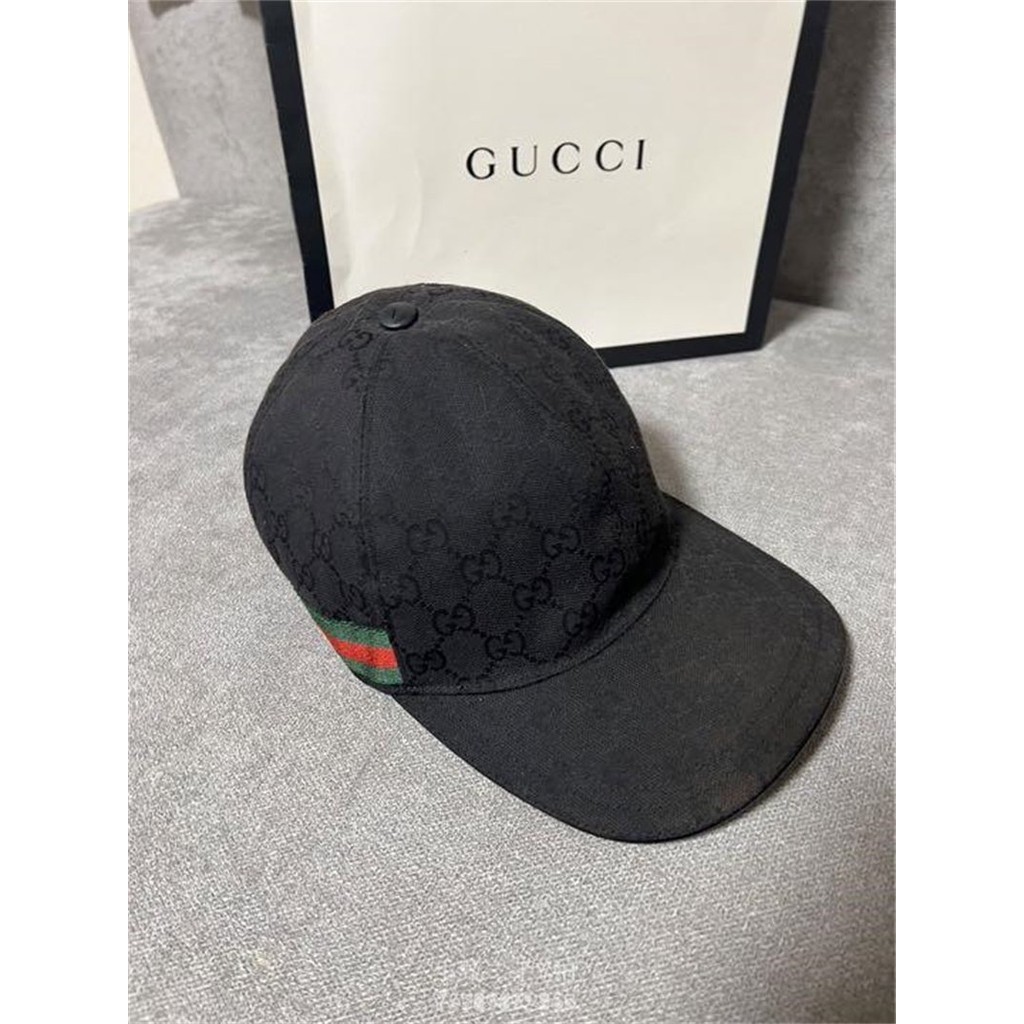 二手精品 Gucci 可調節棒球帽 古馳刺繡戶外男女同款 logo鴨舌遮陽帽子 黑色 正品