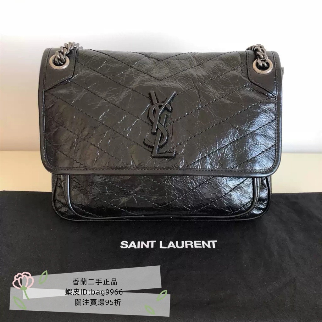 現貨二手 聖羅蘭 YSL niki 褶皺復古鏈條包 633158 銀鏈黑標 復古褶皺 黑色挎包 女款單肩包 斜挎包