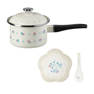 Le Creuset 南法花語系列 琺瑯單柄調理鍋 16cm 2.1L 奶油白+花型盤16cm 附中式湯匙