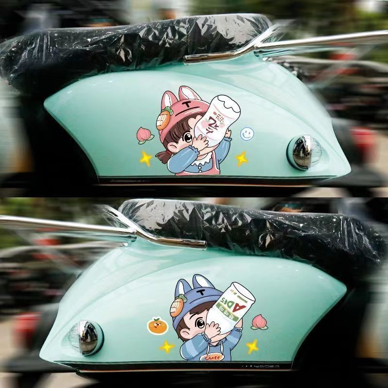 雅迪小牛龜王愛瑪車身劃痕遮擋裝飾電動車貼紙卡通可愛喝汽水貼畫