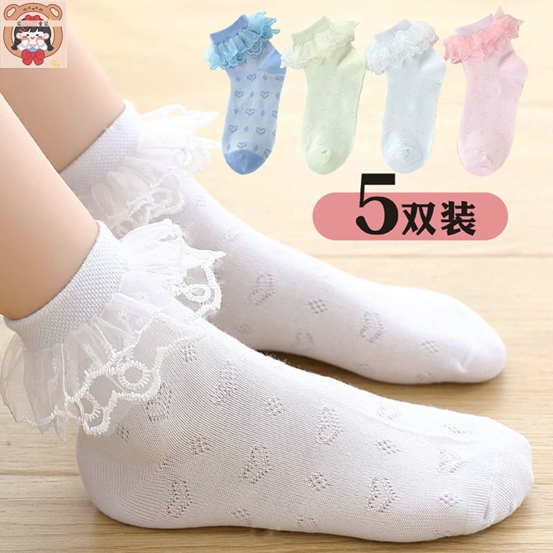 兒童花邊襪子 夏季公主花邊蕾絲襪女童襪子薄款白色舞蹈寶寶中筒襪