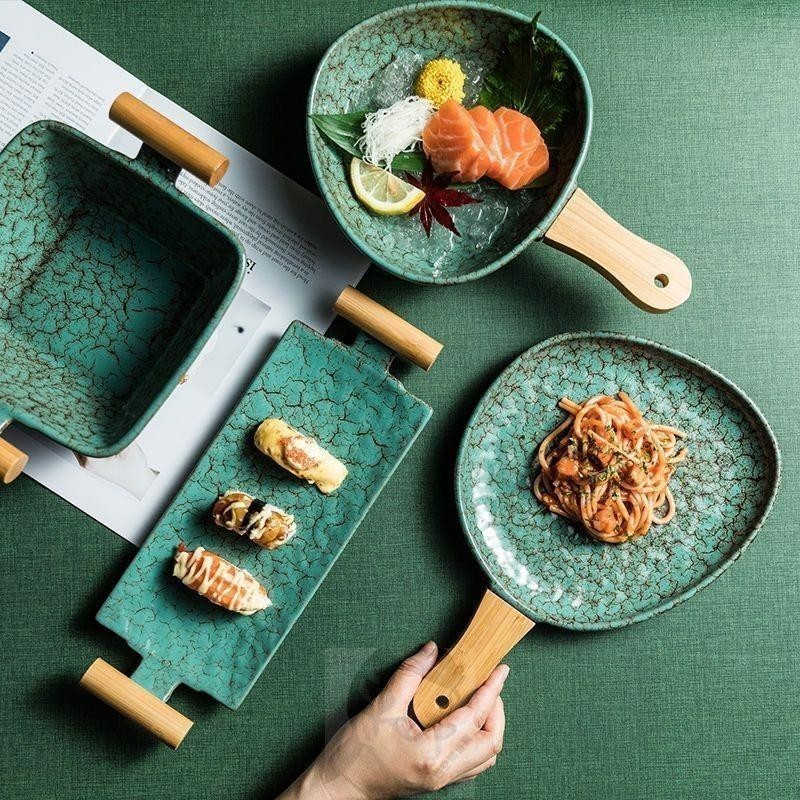 [台灣出貨]日式餐盤 創意餐盤日式餐盤創意雙耳帶木柄商用餐廳盤子藝術個性復古家用陶瓷壽司盤熱銷