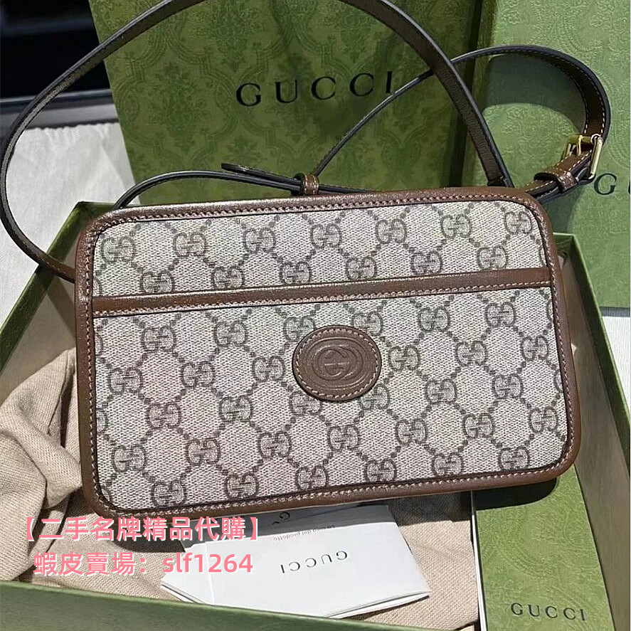 精品現貨 Gucci 古馳盒子包 老花 logo相機包 帆布拼皮 單肩包 斜挎包 658572 男女同款方盒包