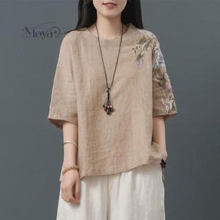 棉麻上衣女新款刺繡文藝短款夏季女裝復古中國風民族風t恤 民族風上衣 禪意茶服 文藝T恤 盤扣七分袖 襯衫 復古上衣 中國