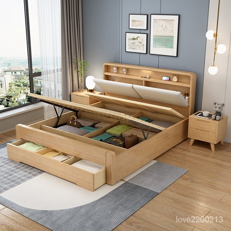 💥限時💥免運 新款床頭充電實木床傢用白色北歐高箱儲物實木床落地床臥室帶抽屜單人床 雙人床 床架 E9MT