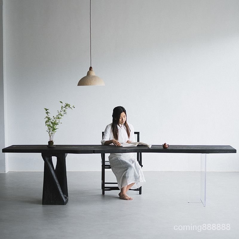 侘寂風現代實木茶桌碳化白蠟木鬆木辦公桌工業風陽臺書桌極簡長條