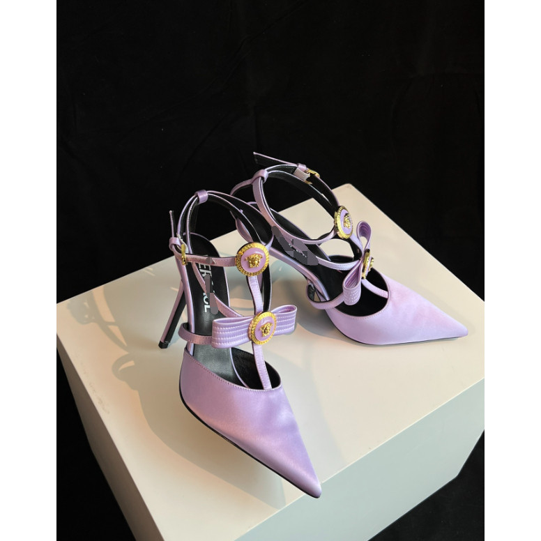 24新款 美杜莎水晶高跟鞋 露跟高跟鞋 光滑絲鍛面料 紫色 高跟涼鞋 女鞋 跟高10.5cm