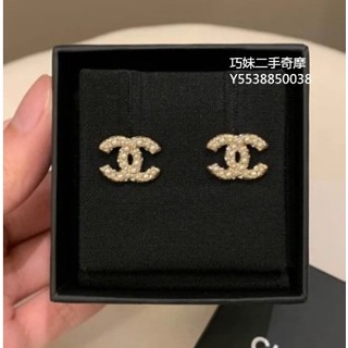二手精品 Chanel 香奈兒 新款22b 珍珠拼鑽 雙C 耳釘 耳環 水鑽 金色 時尚耳環 珍珠耳環