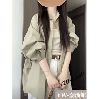 【YW】夏季薄款長袖襯衫女 寬鬆休閒防曬外套女 新款設計感小眾長袖綠色襯衫女 女生上衣 襯衫外套