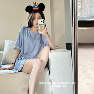 韓社莫代爾小清涼笑臉套裝夏季短袖睡衣女圓領舒適涼感外穿傢居服