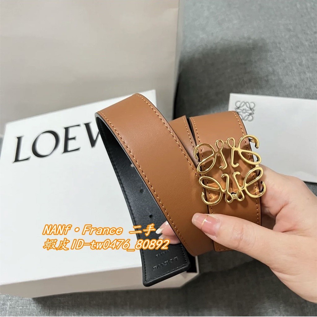 精品二手 LOEWE 羅意威 Anagram 3.2CM 焦糖色/黑色 百搭皮帶 女士腰帶