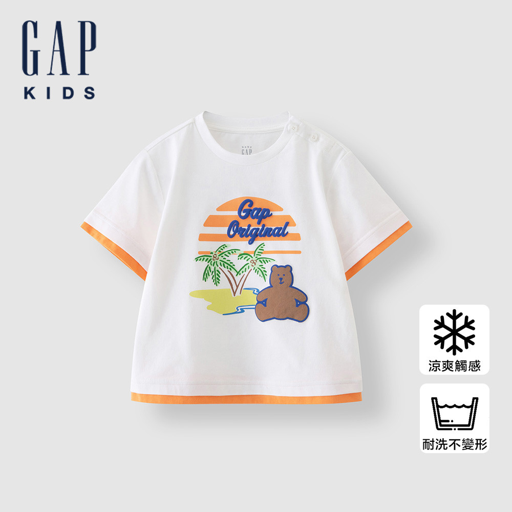 Gap 男幼童裝 Logo小熊印花圓領短袖T恤-白色(465336)