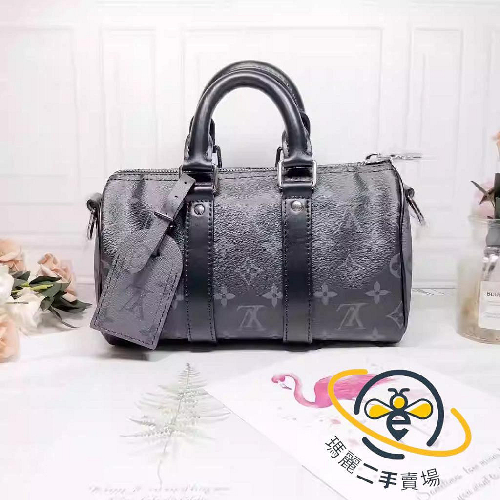 瑪麗二手 LV 路易威登 M46271 Keepall 25 老花 經典款 黑灰色 波士頓包 单肩包 斜挎包 手提包