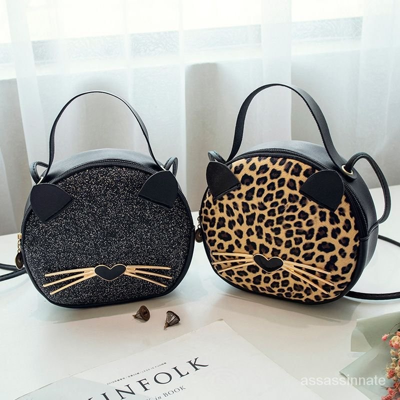 【YUN億品淘】韓版新款潮流可愛貓咪手機包女時尚豹紋2024斜跨包包包小圓包