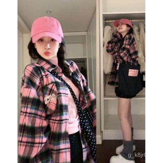 韓版hiphop撞色格子長袖襯衫女春秋寬鬆oversize慵懶風百搭外套潮 港味復古防曬外套 寬鬆襯衫 格紋襯衫 格紋