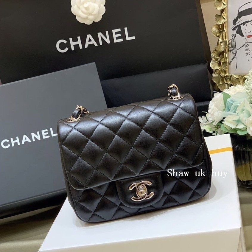 二手正品Chanel 香奈兒 coco 迷你 黑色羊皮 金扣/銀扣 方胖子 肩背包 斜背包 鏈帶包 A35200