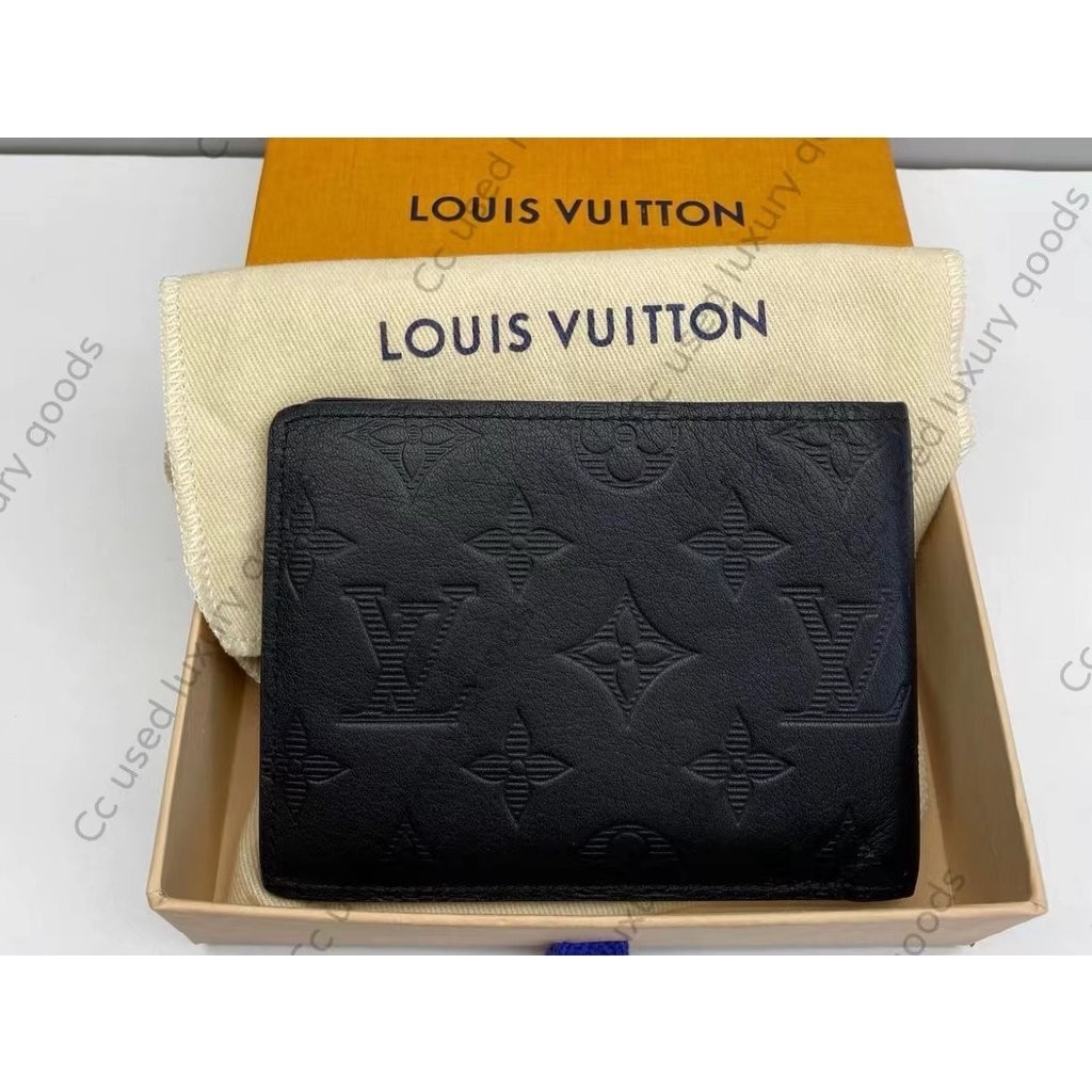 二手便宜出 LOUIS VUITTON LV 路易威登 黑色 壓紋 男士對折短款錢包 短夾 6卡 卡夾