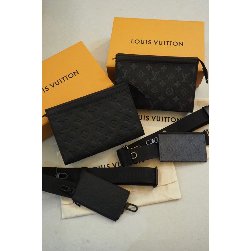 Louis Vuitton LV黑色壓紋、老花 二合一側背包 Gaston 隨身錢包
