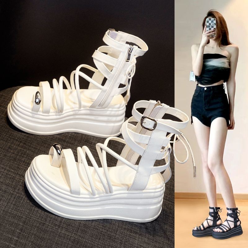 Yelly's~Shop網紅高幫增高平底羅馬涼鞋女2024夏季新款韓版百搭外穿厚底鬆糕鞋