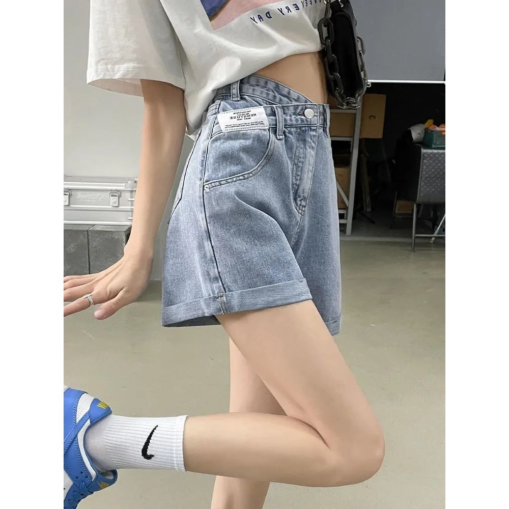 Yelly's~Shop高腰牛仔短褲女夏季薄款2024年新款韓版顯瘦設計感小個子a字熱褲