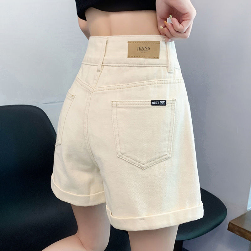 Yelly's~Shop米白色牛仔短褲女夏季薄款2024年新款寬鬆顯瘦a字超高腰捲邊熱褲