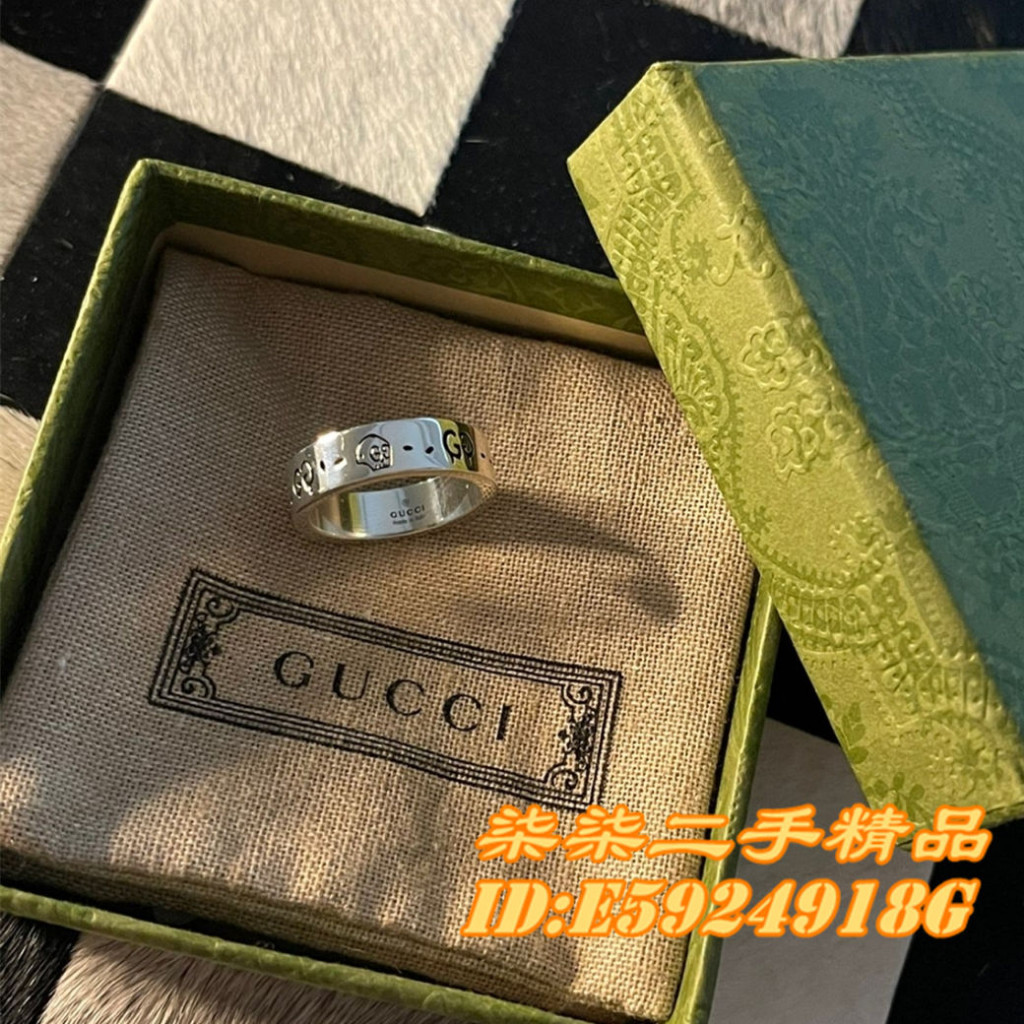 柒柒二手 GUCCI 古馳 Ghost 925純銀戒指 窄版骷髏頭戒指 情侶戒指 477339